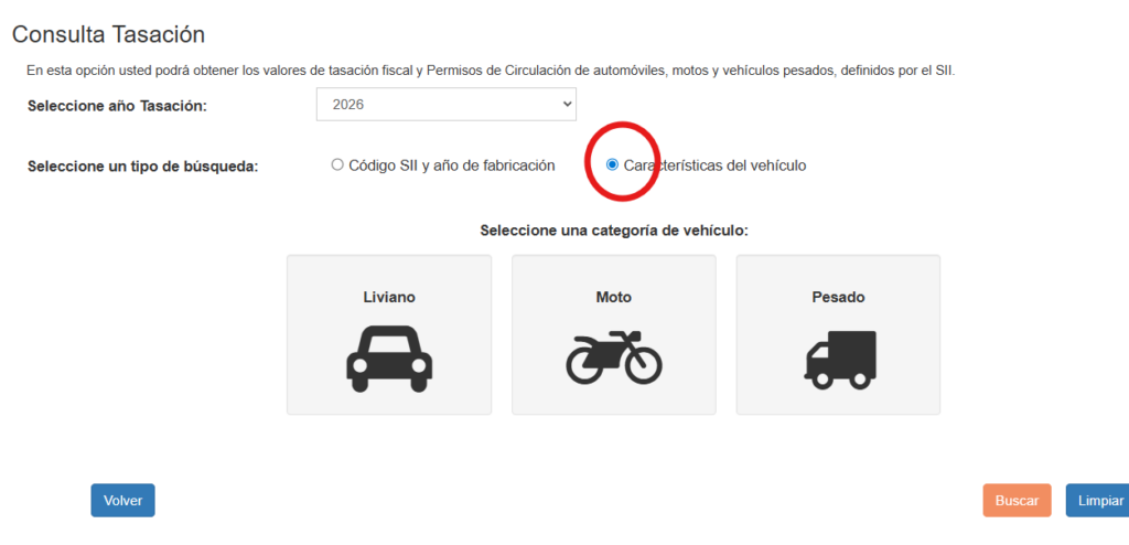 Búsqueda por características en SII tasación vehículos