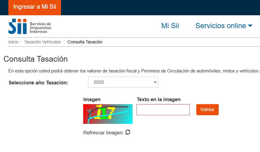 Captura portal tasación SII Chile